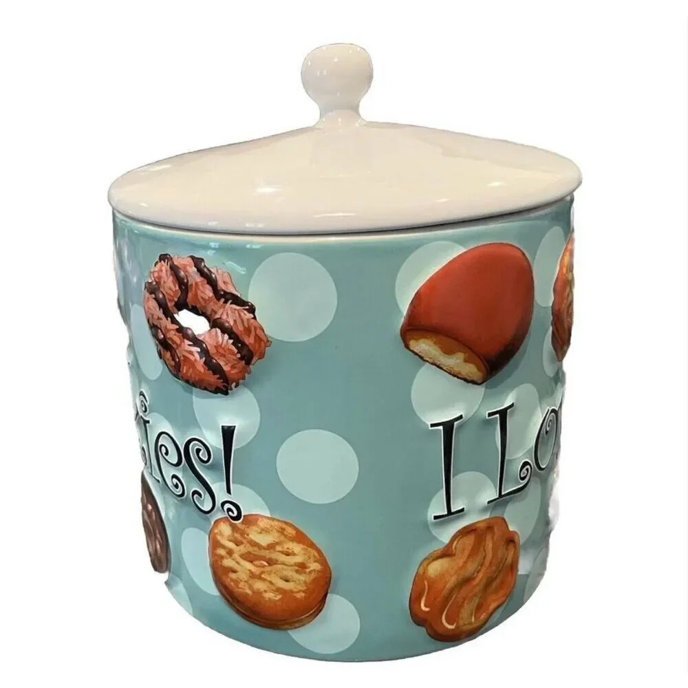Y2K I Love Girl Scout Cookies Ceramic Jar With Lid Blue 3D Cookie Favorites 2006